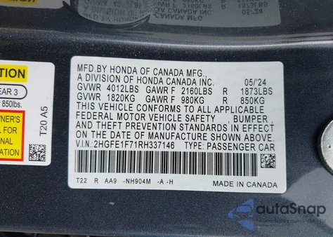2024 Honda Civic Ex from USA, damaged, VIN 2HGFE1F71RH337146